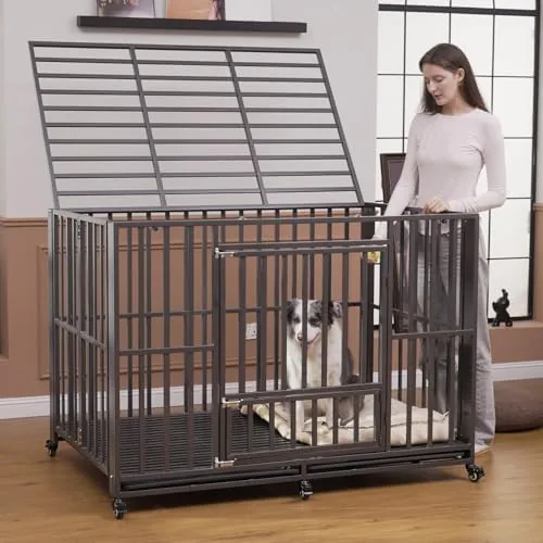 polar aurora heavy duty dog crate foldable indestructible dog kennel escape proof extra large dog cage with lockable wheels high anxiety pet playpen with double door for indooroutdoor use 60in